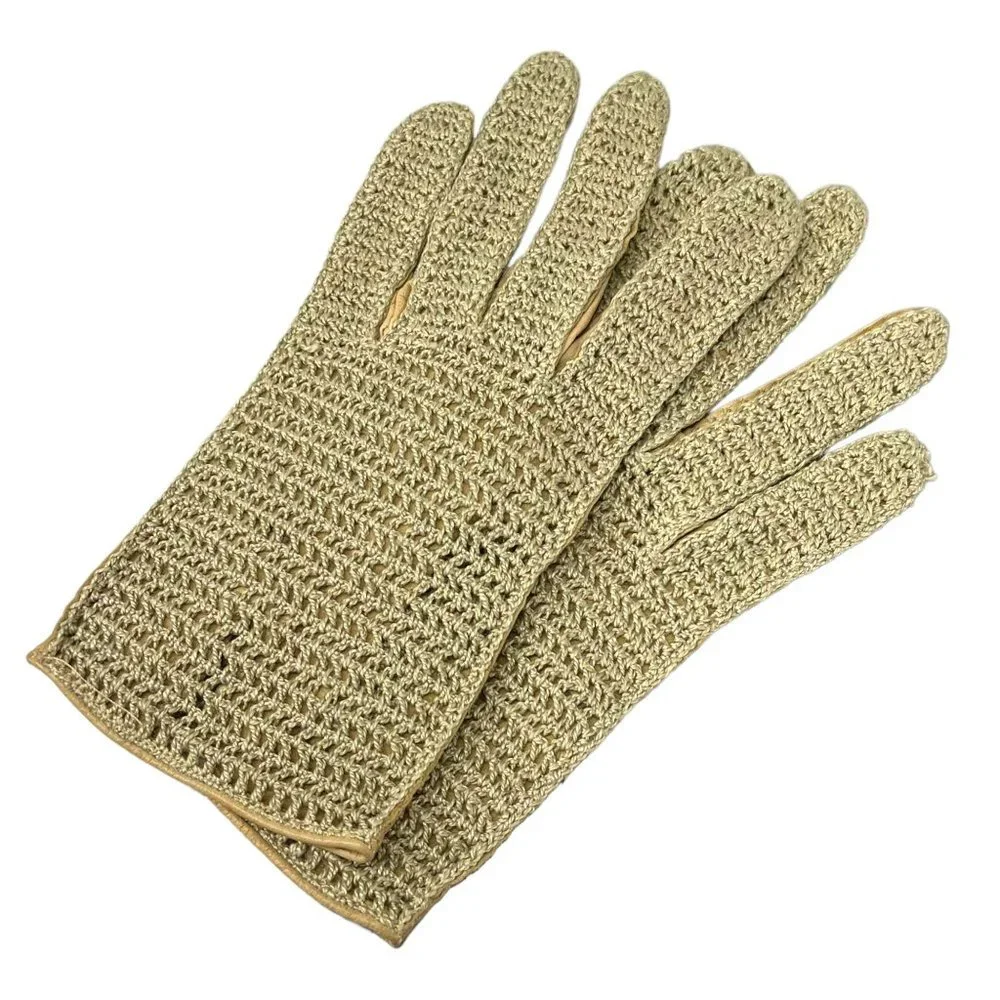 Vintage 50s Tan Crochet Leather Driving Gloves Medium